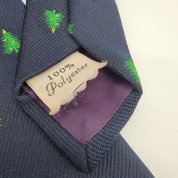 Vintage Christmas Tree Tie Works 100% Polyester Navy Blue Mercer Wenzel Holiday - Picture 5 of 5